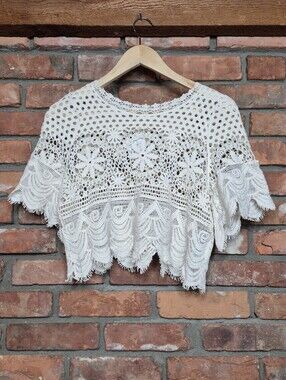 Rebellion Again 100% Cotton Ivory Crochet Lace Floral Boho Crop Top